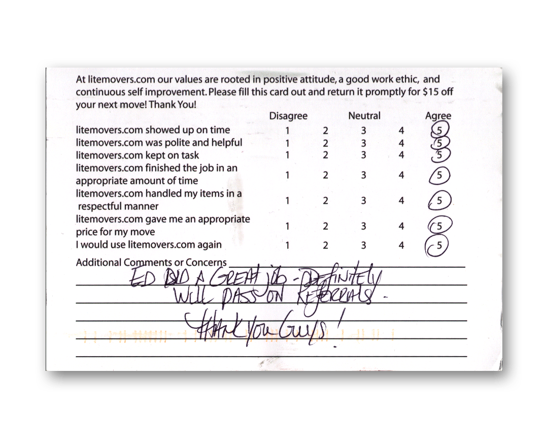 Handwritten customer comment card about referrals