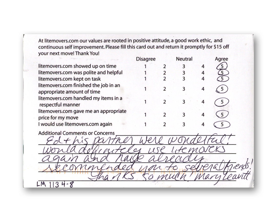 Handwritten customer comment card from Mary Leavitt