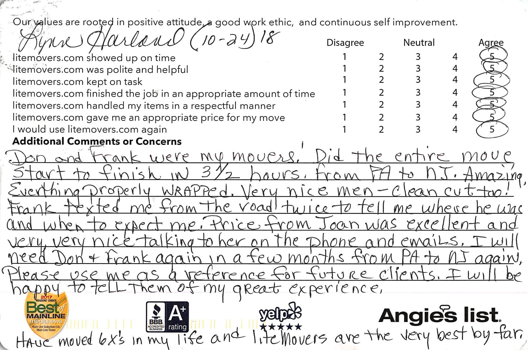 Handwritten customer comment card from a PA to NJ move