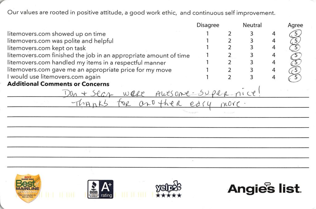 Thanks for Another easy move | LiteMovers Don & Sean were awesome - super nice! Thanks for another easy move.