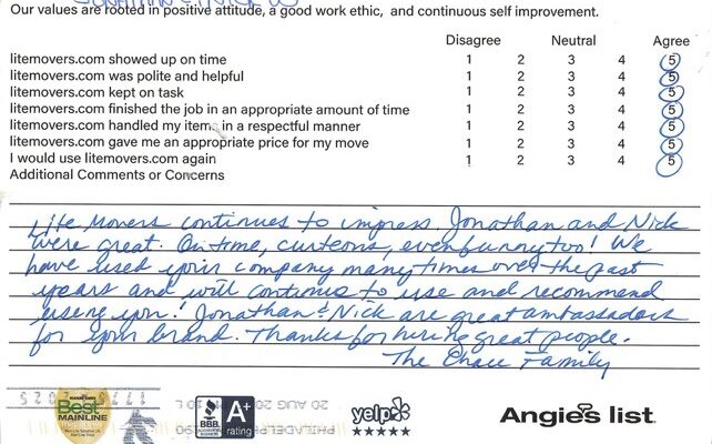 Litemovers continue to impress. Jonathan and Nick were great. On time, courteous, even funny too! We have used your company many times over the past years and will continue to use and recommend using you! Jonathan & Nick are great ambassadors for your brand. Thank you for the great team!