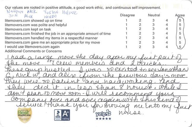 We’re thrilled to share this incredible review from a customer celebrating a major milestone — moving into their first home! “I had a large move the day after my first part of the move — 7 crew members and 2 trucks. These guys hustled. I was so excited to see Jonathan, Nick, and Alex from the previous day’s move. They were so patient and hardworking, and they did it in less than 8 hours. While I don’t plan to move again soon, I will recommend your company over and over again with this kind of service! Thank you for moving me into my first house!” — Gladwyne, PA Customer A huge thank-you to our 7-person crew, including Jonathan, Nick, and Alex, for delivering an efficient, hardworking, and seamless moving experience. Helping someone move into their first home is something we take great pride in — and we’re honored to be part of that moment. Planning a move? 👉 Get your free and easy quote here: https://litemovers.com/moving-estimate.html