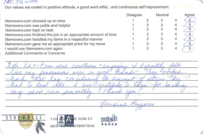 We’re happy to share this kind review from a recent customer: “Nate, Ed, and Eric were courteous and engaging. I definitely felt like my possessions were in good hands. They worked hard that day considering the number of stairs they had to deal with. I am grateful to them for helping my move run smoothly. Thank you!” — King of Prussia, PA Customer A big thank-you to Ed M., Nate, and Eric for their professionalism, positive attitudes, and hard work — especially on a stair-heavy move! We truly appreciate our customers taking the time to share their experiences. Planning an upcoming move? 👉 Get your free and easy quote here: https://litemovers.com/moving-estimate.html