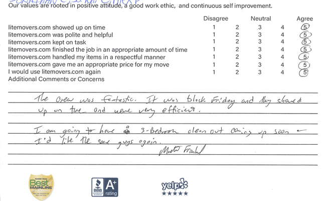 We’re happy to share this great feedback from a recent customer who trusted us on one of the busiest days of the year: “The crew were fantastic. It was Black Friday and they showed up on time and were very efficient. I am going to have a 3-bedroom clean-out coming up and I would like the same group of guys again.” — Narberth, PA Customer Big thanks to Jon, Khi, and Alex for delivering prompt, efficient service — even on Black Friday! We love hearing when customers request the same team again; it’s one of the best compliments our crews can receive. Planning a move or clean-out? 👉 Get your free and easy quote here: https://litemovers.com/moving-estimate.html