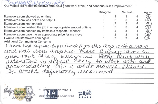 We’re grateful to share this review from a customer who came to us after a difficult moving experience elsewhere: “I had a poor experience two months ago with another mover and was very anxious. These three guys came in and took care of business. Quick with attention to detail, easy to work with, and accommodating. This is what moves should be. Would definitely recommend!” — Phoenixville, PA Customer A huge thank-you to Jon, Nick, and Alex for restoring confidence and delivering a smooth, stress-free move. Helping customers feel comfortable and taken care of is exactly what we strive for. Planning a move? 👉 Get your free and easy quote here: https://litemovers.com/moving-estimate.html