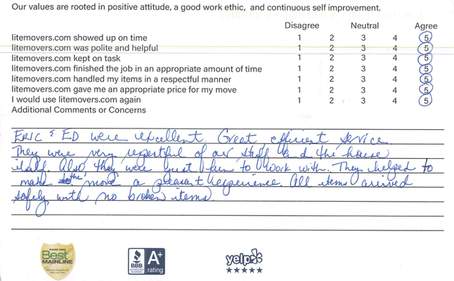 We’re pleased to share this wonderful feedback from a recent customer: “Eric and Ed were excellent. Great, efficient service. They were very respectful of our belongings and the house itself. They hookup were also great fun to work with and helped make the move a pleasant experience. All items arrived safely with no broken items!” — Bryn Mawr, PA Customer A big thank-you to Ed and Eric for delivering efficient, respectful, and positive service. We’re proud of the care our teams take with both customers’ belongings and their homes. Planning a move soon? 👉 Get your free and easy quote here: https://litemovers.com/moving-estimate.html
