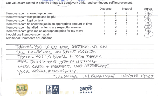 We’re grateful to share this kind feedback from a recent customer: “Thank you to Ed for getting us on the calendar on short notice. Thank you to Karl and the team for doing the heavy lifting with care and respect. We appreciate your work immensely.” — Wayne, PA Customer A special thank-you to Ed for helping coordinate the move quickly, and to Karl, Justin, Shawn, and Sven for delivering careful, professional service. Our team takes pride in stepping in when customers need help the most. Planning an upcoming move? 👉 Get your free and easy quote here: https://litemovers.com/moving-estimate.html