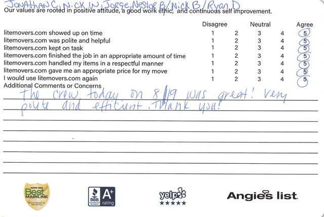 Review card with testimonial for litemovers moving company