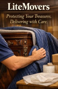 Professional mover carefully protecting an ornate antique furniture piece with premium moving blankets and specialty packing materials.