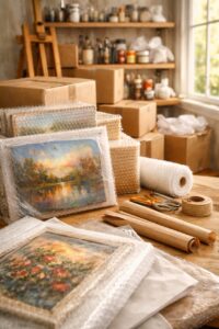 art studio mover | LiteMovers n the foreground, a finished oil painting on canvas is being wrapped in protective glassine paper by a pair of careful hands. Behind it, an easel stands next to a stack of brown cardboard art shipping boxes and a roll of bubble wrap.