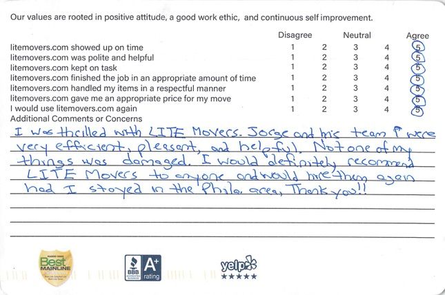conshohocken-moving-to-nc | LiteMovers ”I was thrilled with LiteMovers. Jorge and his team were very efficient, pleasant, and helpful. Not one of my things were damaged. I would definitely recommend LiteMovers to anyone and would hire them again had I stayed in the Philadelphia area. Thank you!”