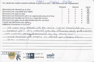 We were very pleased with the service and our movers did an excellent job!! Very impressed with the efficiency, speed, professionalism, and customer service demonstrated by the moving crew! Would recommend your company. We selected you from a former customer.”