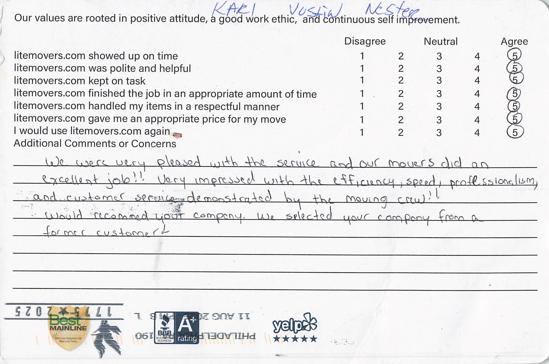 excellent-move-broomall | LiteMovers We were very pleased with the service and our movers did an excellent job!! Very impressed with the efficiency, speed, professionalism, and customer service demonstrated by the moving crew! Would recommend your company. We selected you from a former customer.”