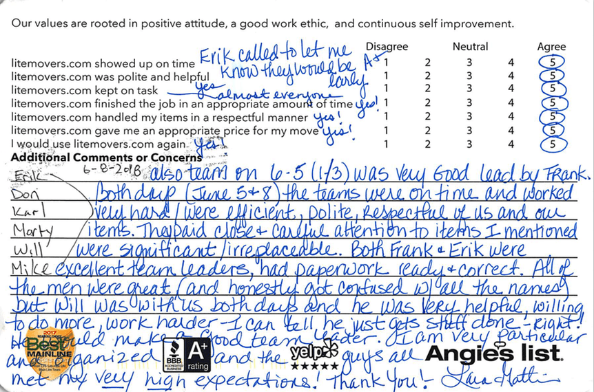 Handwritten customer comment card from a Glenmoore move