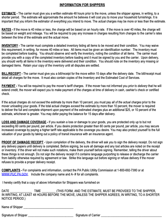 information for shippers | LiteMovers Learn about Pennsylvania's Information for Shippers document - a required consumer protection form for movers covering estimates, payments, and your rights.