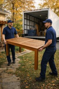 liteMovers – Patio Furniture Moving and Storage Philadelphia | LiteMovers LiteMovers professional crew carrying teak patio table from suburban Philadelphia home