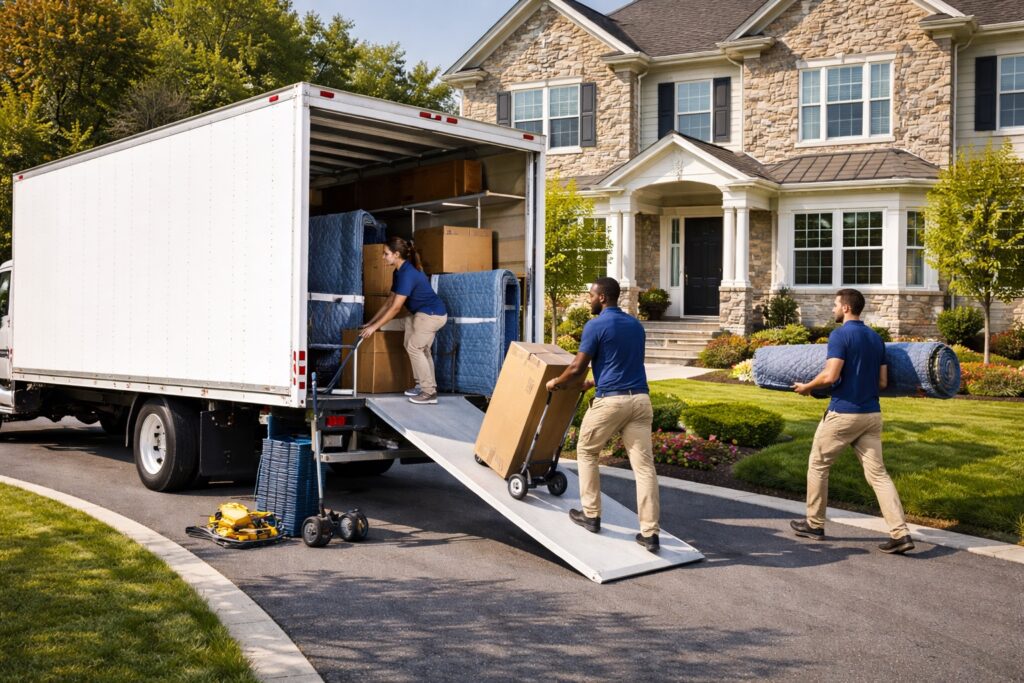 Professional photograph of a clean white moving truck (26-foot box truck style) parked in front of a beautiful suburban Philadelphia home, sunny day, the truck is generic/unbranded white with clean lines, professional moving crew of 2-3 people in matching polo shirts carefully loading furniture using proper moving equipment (dollies, furniture pads), green lawn, tree-lined street visible. Professional commercial photography style, action shot showing careful professional service. Diverse crew members. No visible company logos on truck - will be added in post.