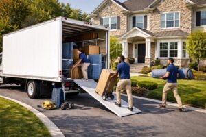 Professional photograph of a clean white moving truck (26-foot box truck style) parked in front of a beautiful suburban Philadelphia home, sunny day, the truck is generic/unbranded white with clean lines, professional moving crew of 2-3 people in matching polo shirts carefully loading furniture using proper moving equipment (dollies, furniture pads), green lawn, tree-lined street visible. Professional commercial photography style, action shot showing careful professional service. Diverse crew members. No visible company logos on truck - will be added in post.