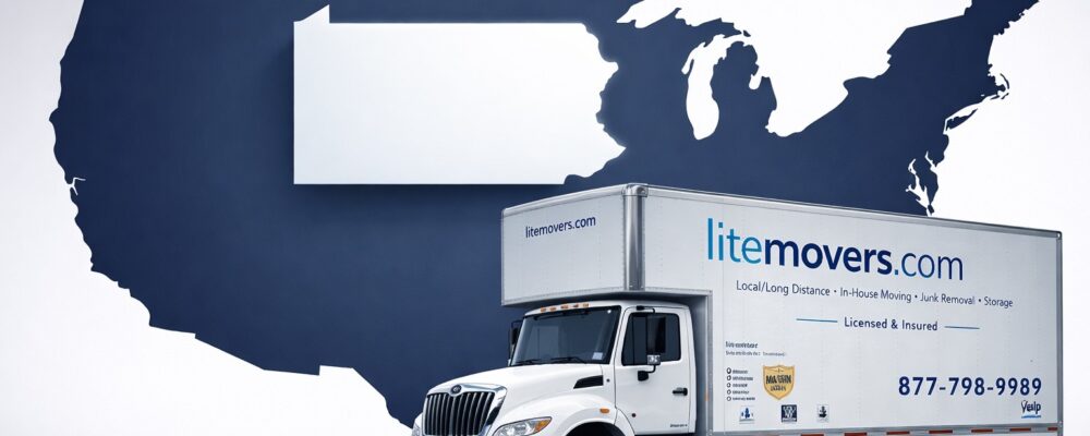 LiteMovers truck with USA map highlighting Pennsylvania - professional interstate and long-distance moving from PA local moving