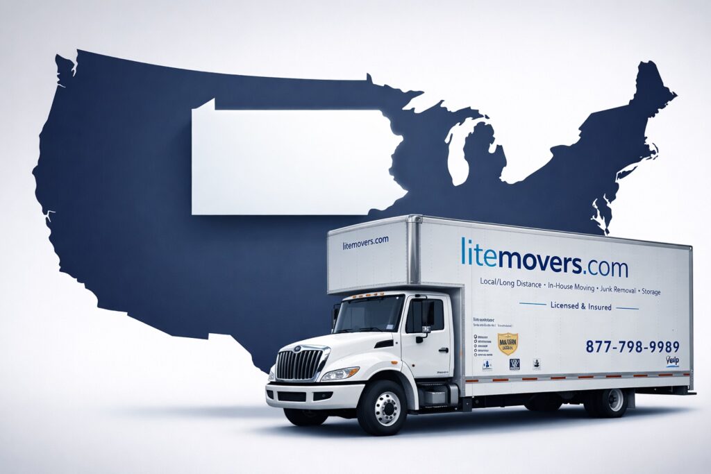 LiteMovers Pennsylvania Moving Services | LiteMovers LiteMovers truck with USA map highlighting Pennsylvania - professional interstate and long-distance moving from PA local moving