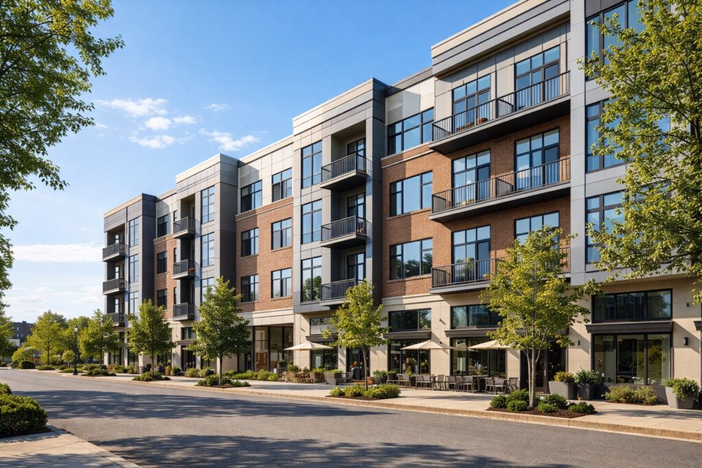 Exterior photograph of a modern luxury apartment building on Philadelphia's Main Line, 4-5 stories, contemporary architecture with large windows and balconies, mixed materials of brick, glass and metal panels, ground floor retail space with upscale storefronts, mature street trees in foreground, clear blue sky, pedestrian-friendly sidewalk with outdoor cafe seating visible. Professional architectural photography style, daytime, no visible people or car license plates.