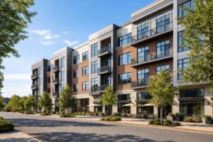 Exterior photograph of a modern luxury apartment building on Philadelphia's Main Line, 4-5 stories, contemporary architecture with large windows and balconies, mixed materials of brick, glass and metal panels, ground floor retail space with upscale storefronts, mature street trees in foreground, clear blue sky, pedestrian-friendly sidewalk with outdoor cafe seating visible. Professional architectural photography style, daytime, no visible people or car license plates.