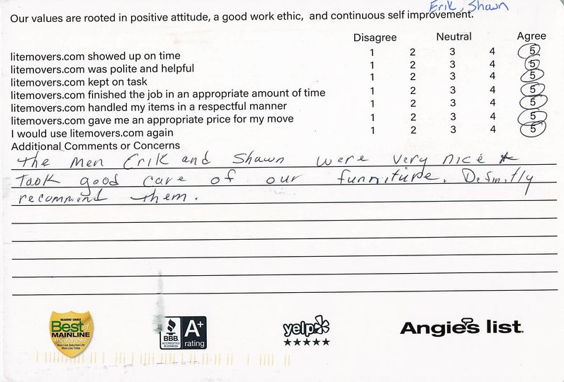 The men Erik and Shawn were very nice and took good care of our furniture. Definitely recommend them.” Thank you so much! We love hearing how hard our guys work, and we love hearing feedback from our customers!