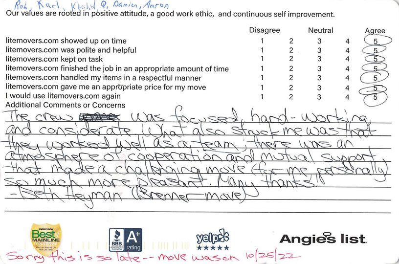 ”The crew was focused, hard-working, and considerate. What also struck me was that they worked well as a team. There was an atmosphere of cooperation and mutual support that made a challenging move (for me personally) so much more pleasant. Many thanks!”