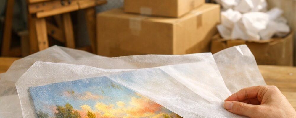 Home art studio being carefully packed for a move with paintings, brushes, and packing supplies in warm natural light