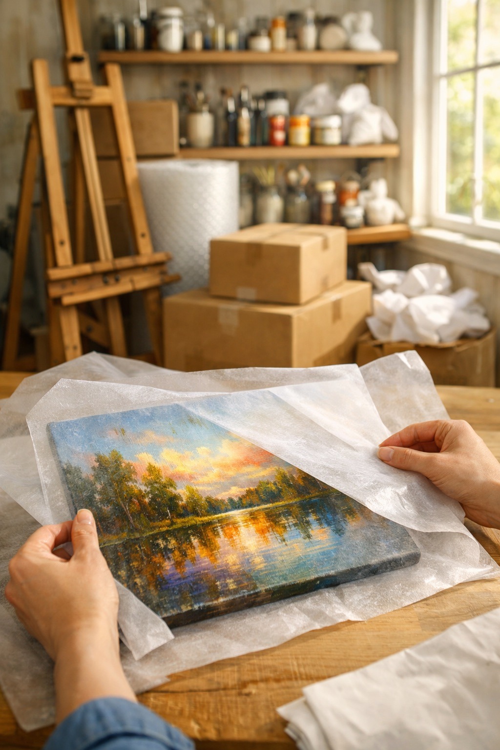 Home art studio being carefully packed for a move with paintings, brushes, and packing supplies in warm natural light