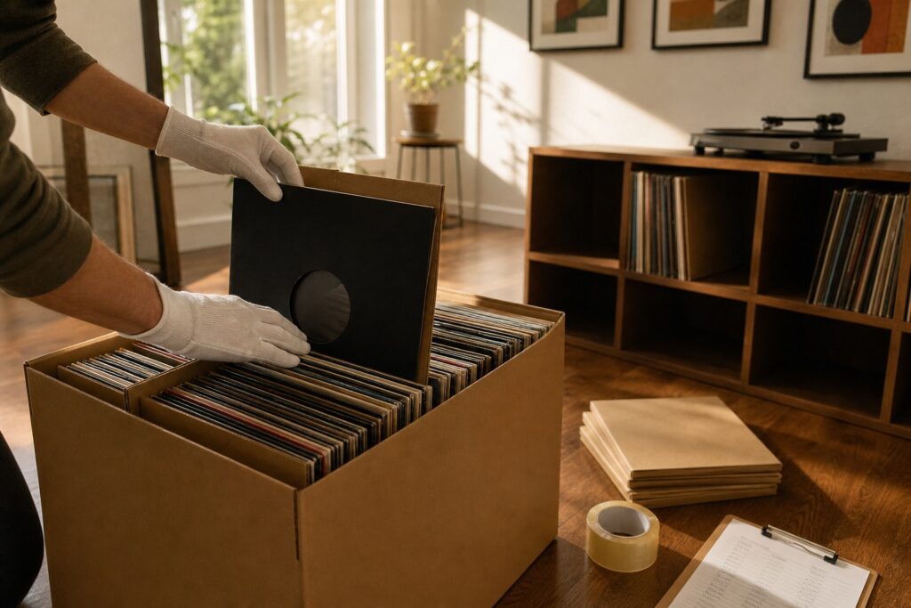 moving-vinyl-record-collection-featured | LiteMovers A pair of hands carefully packing vinyl records vertically into a sturdy cardboard moving box, with a half-empty record shelf and turntable visible in the background.