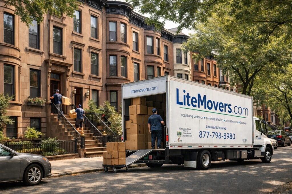 Illustration of a classic Park Slope, Brooklyn streetscape featuring historic brownstone rowhouses with characteristic high stoops, bay windows, ornate cornices, and tree-lined sidewalks. A LiteMovers truck is positioned on the street, representing our expertise in navigating this family-friendly Brooklyn neighborhood's unique moving challenges.