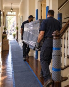 Two movers carry a blanket-wrapped dresser down a narrow Philadelphia rowhome hallway with protective floor runners and padded banister and door jambs