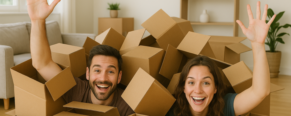 a couple buried in boxes afte a move