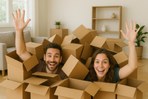 post-move-services | LiteMovers a couple buried in boxes afte a move