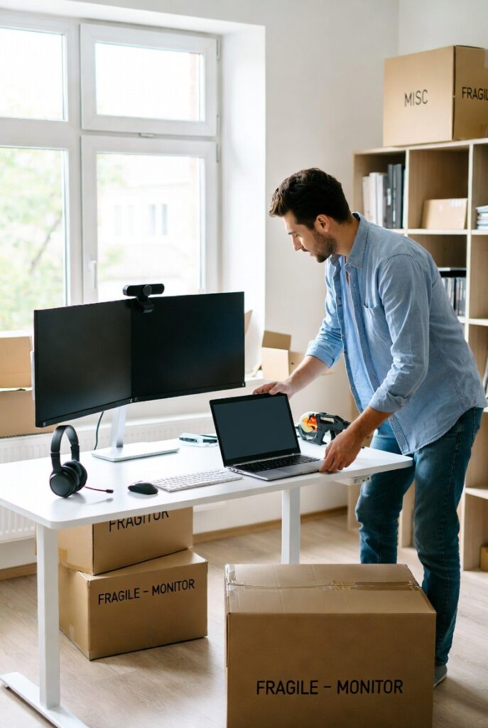 Moving a Home Office – Remote Worker Packing Tech Equipment | LiteMovers Featured image for the Litemovers blog post "Moving Your Home Office Without Missing a Beat: A Remote Worker's Relocation Guide." Shows a professional home office being packed for relocation, emphasizing organized, careful handling of tech equipment.