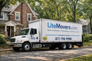 LiteMovers movers carefully unloading furniture from a moving truck at a Short Hills NJ residential home.