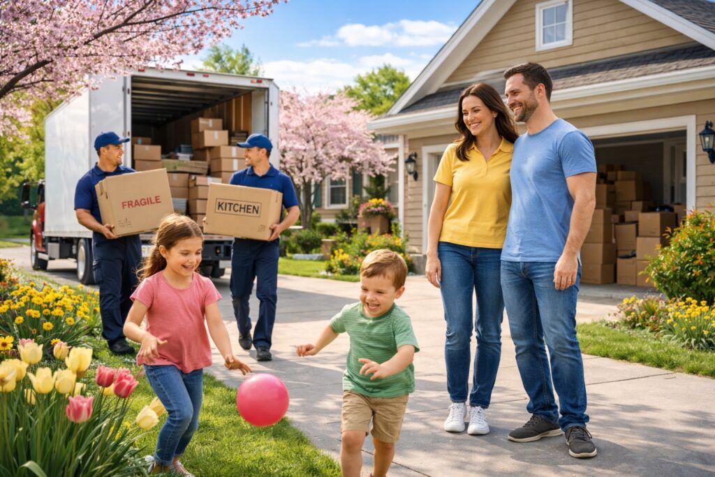 suburban-family-moving | LiteMovers Happy family carrying moving boxes into their new home on a sunny spring day with blooming flowers