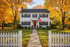 Exterior photograph of a charming colonial-style home in Bucks County Pennsylvania, white siding with black shutters, red front door, mature trees in fall colors (golden and orange leaves), well-maintained lawn, classic white picket fence, stone walkway to front door, American flag on porch, warm afternoon sunlight. Real estate listing photography style. FOR SALE sign NOT visible - clean image without signage. 2-story home approximately 2,500 sq ft appearance.