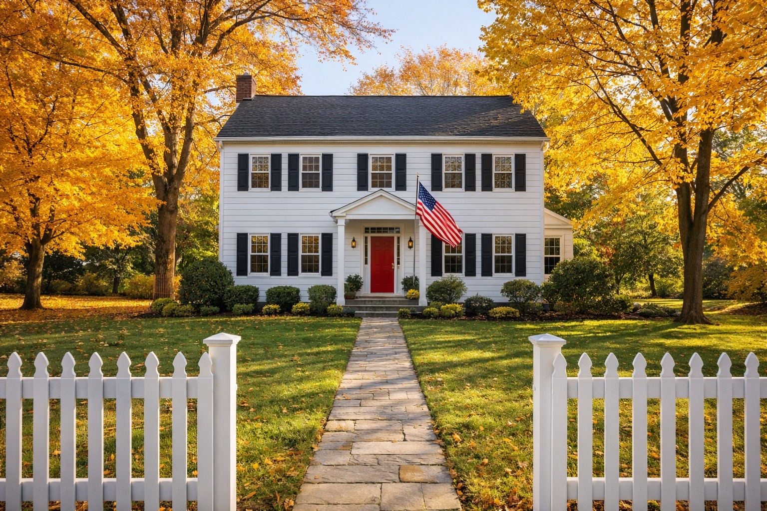 Bucks County Suburban Home For Sale 2026 | LiteMovers Exterior photograph of a charming colonial-style home in Bucks County Pennsylvania, white siding with black shutters, red front door, mature trees in fall colors (golden and orange leaves), well-maintained lawn, classic white picket fence, stone walkway to front door, American flag on porch, warm afternoon sunlight. Real estate listing photography style. FOR SALE sign NOT visible - clean image without signage. 2-story home approximately 2,500 sq ft appearance.