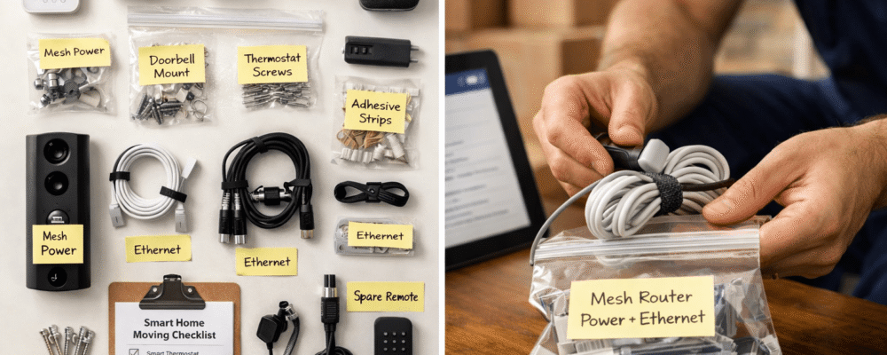 A professional mover organizing smart home devices — thermostat, smart lock, and mesh router — into labeled boxes before a move