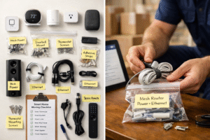 A professional mover organizing smart home devices — thermostat, smart lock, and mesh router — into labeled boxes before a move