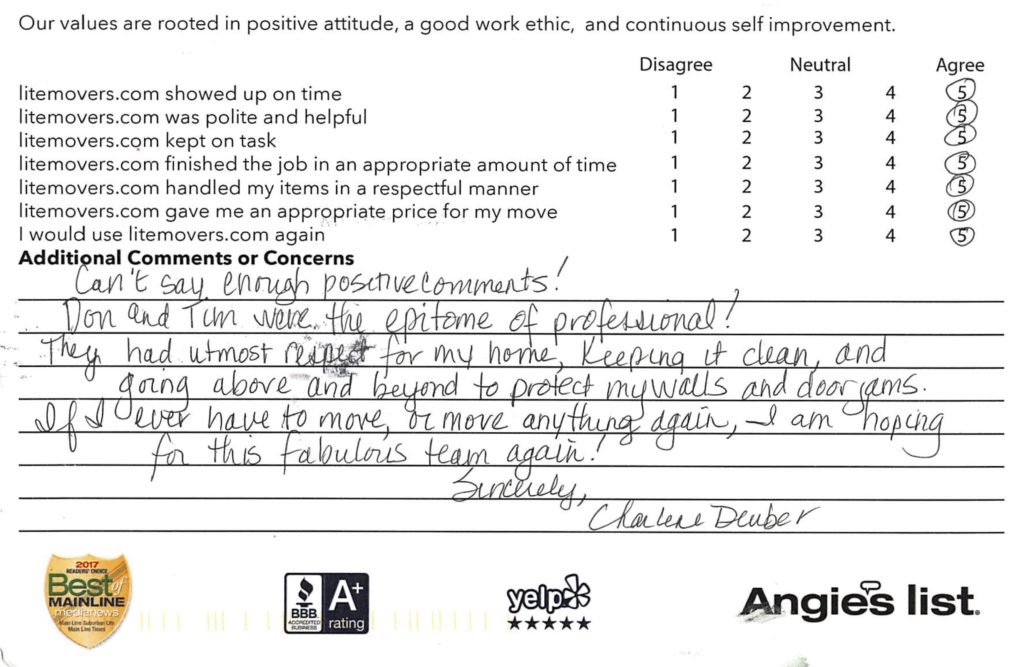 Can’t say enough positive comments! Don and Tim were the epitome of professional! They had utmost respect for my home, keeping it clean, and going above and beyond to protect my walls and door jams. If I ever have to move or move anything again, I am hoping for this fabulous team again!